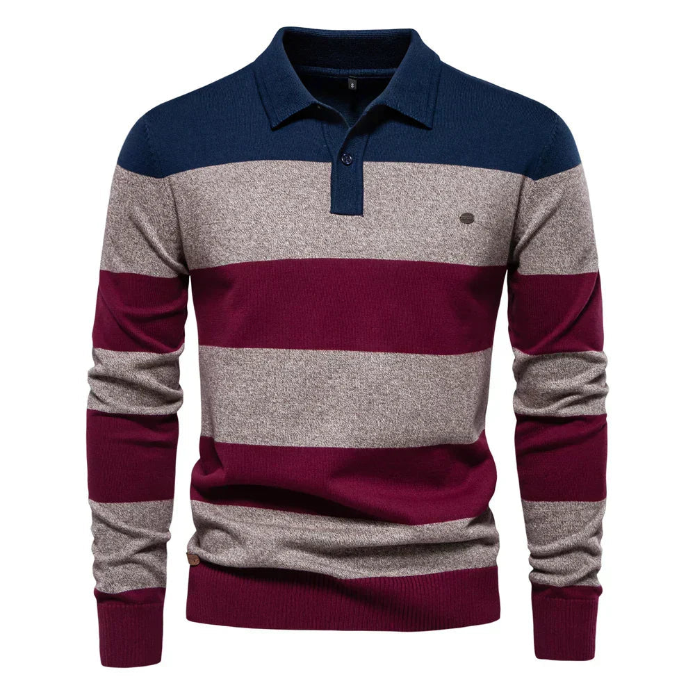 Men's striped long sleeve knit polo sweater - blue