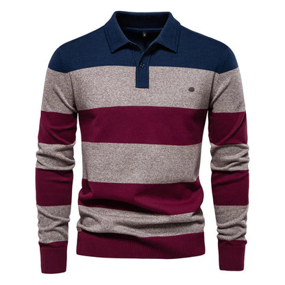Men's striped long sleeve knit polo sweater - blue