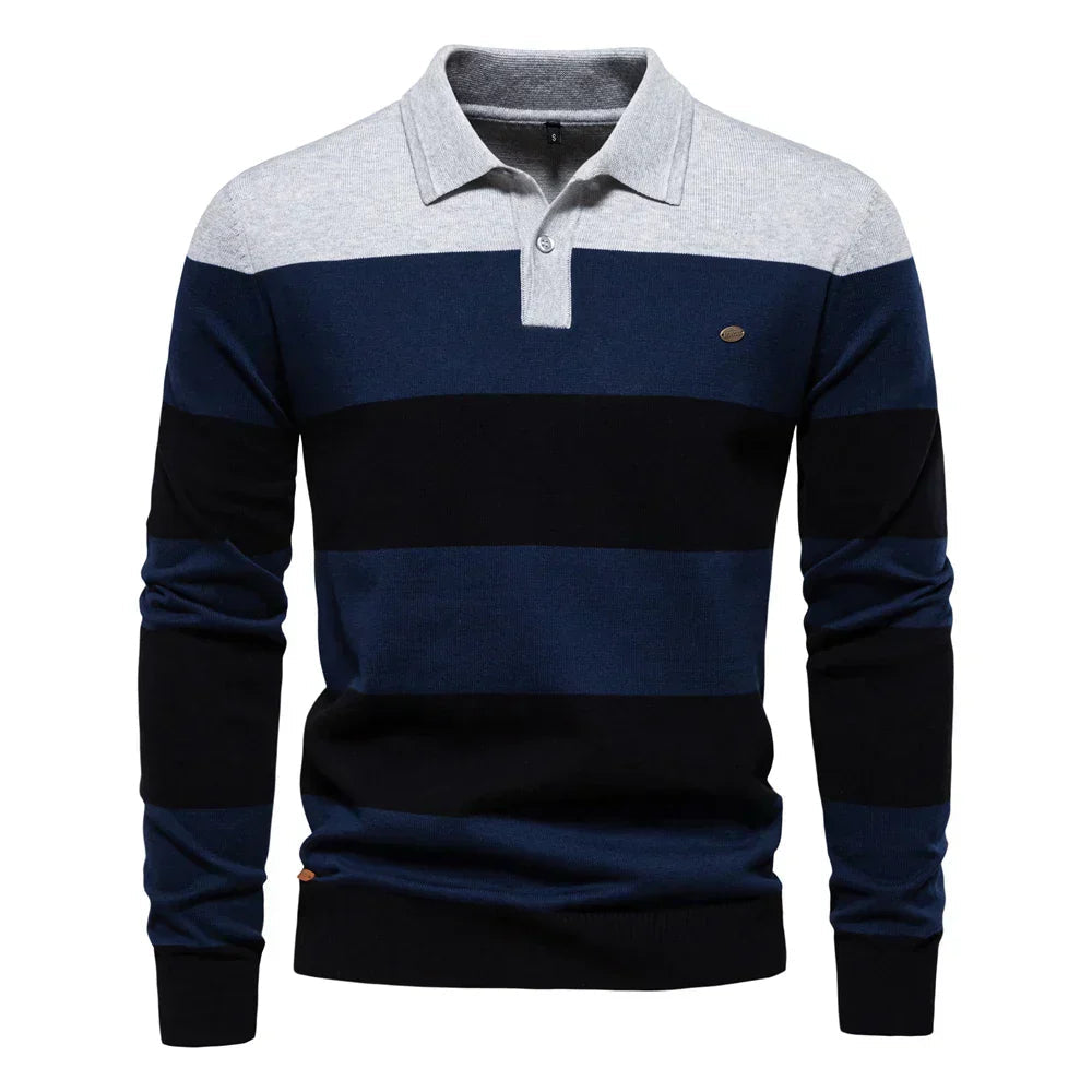 Men's striped long sleeve knit polo sweater - gray