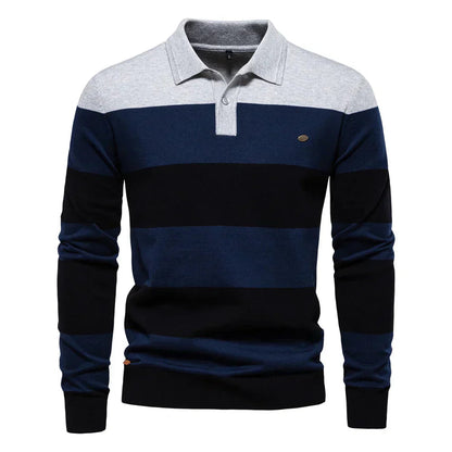 Men's striped long sleeve knit polo sweater - gray