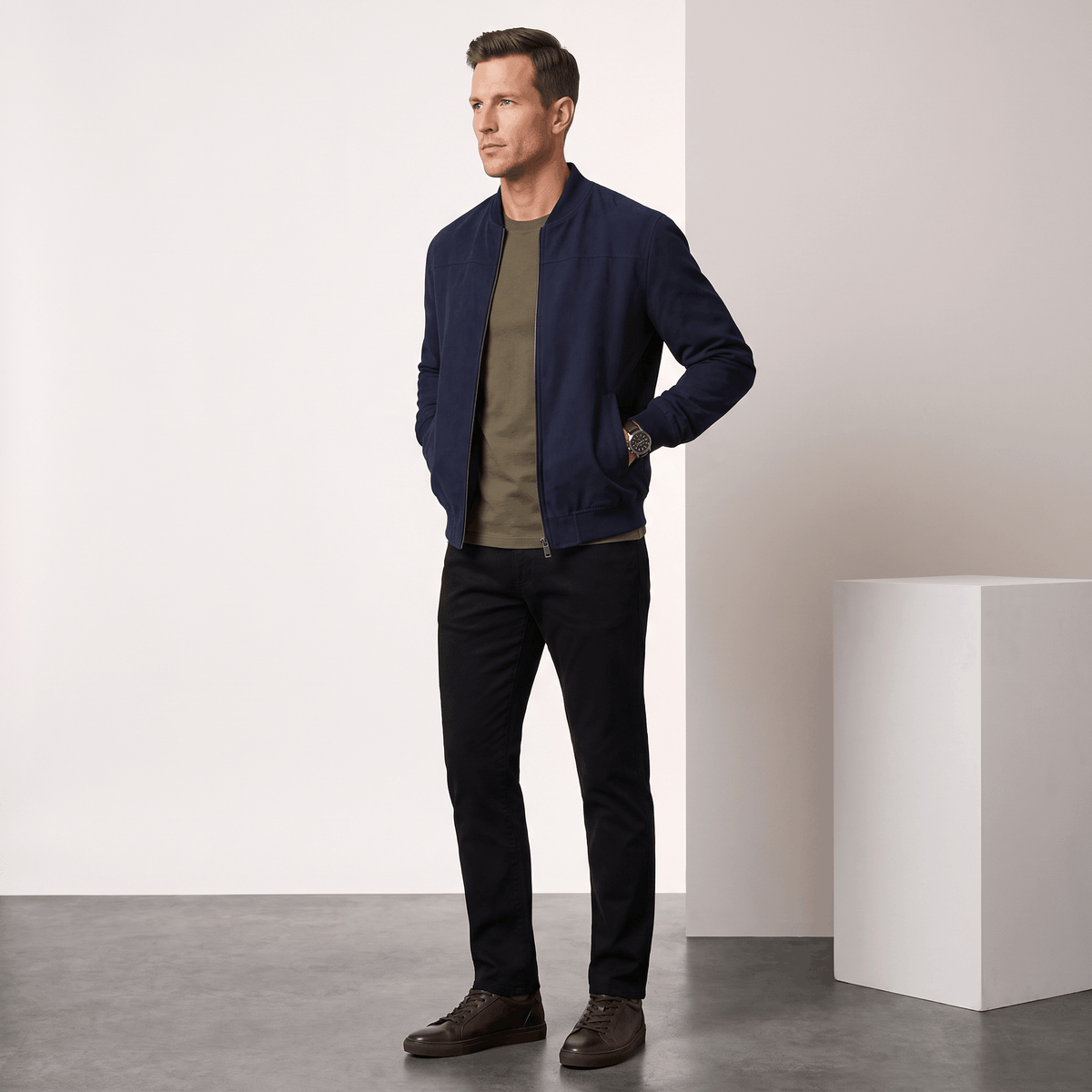 Suede bomber jacket for men with ribbed collar
