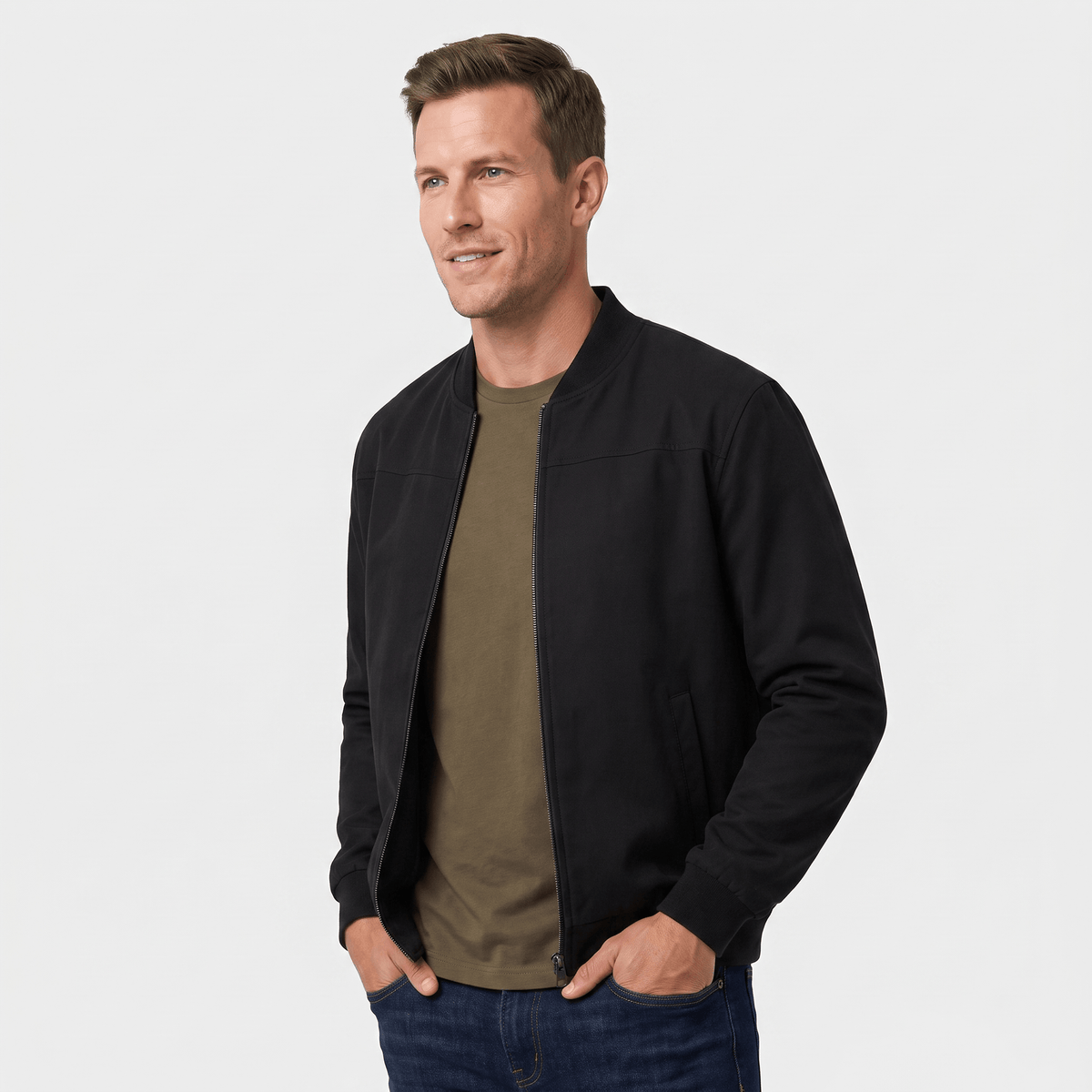 Men's suede bomber jacket with welt pockets - black