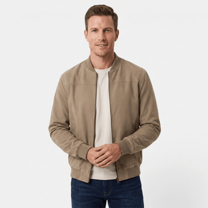 Suede bomber jacket for men with ribbed collar - khaki