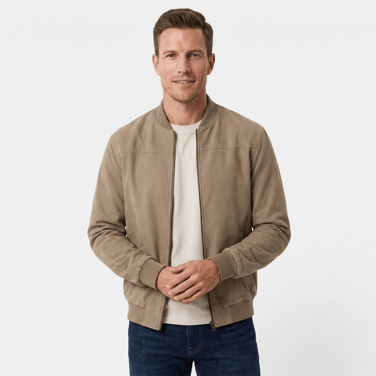 Men's suede bomber jacket with welt pockets - khaki
