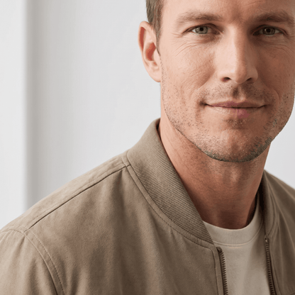 Suede bomber jacket for men with ribbed collar