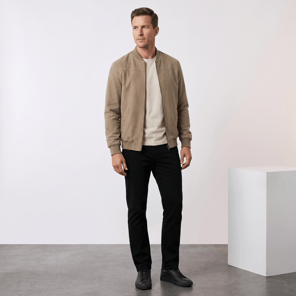 Suede bomber jacket for men with ribbed collar