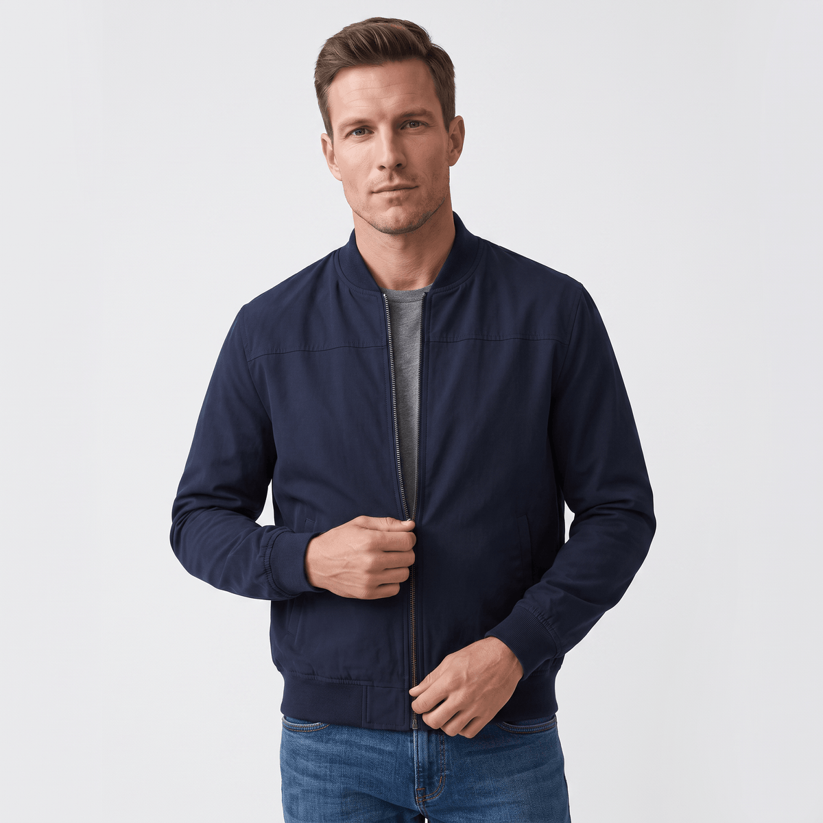 Men's suede bomber jacket with welt pockets - navy