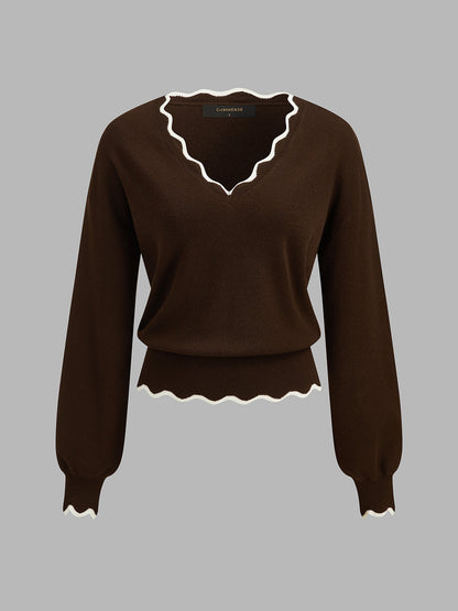 Dulcie - Scallop-Trim Stretch Knit Sweater
