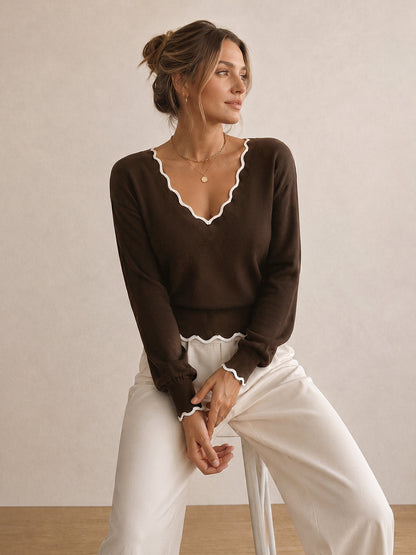 Dulcie - Scallop-Trim Stretch Knit Sweater