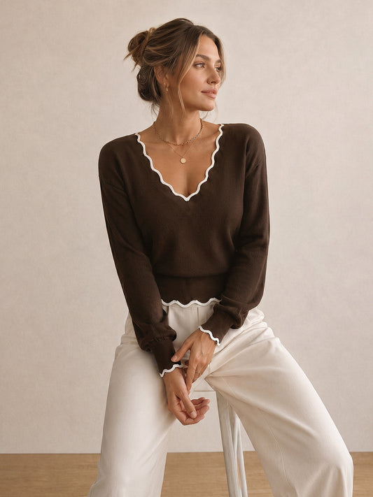Dulcie - Scallop-Trim Stretch Knit Sweater