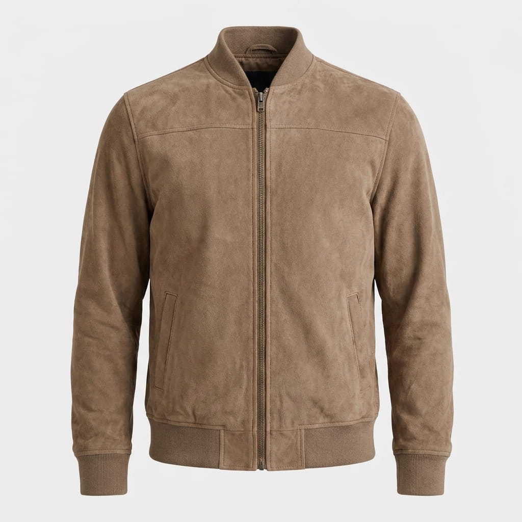 Men's suede effect bomber jacket with rib collar