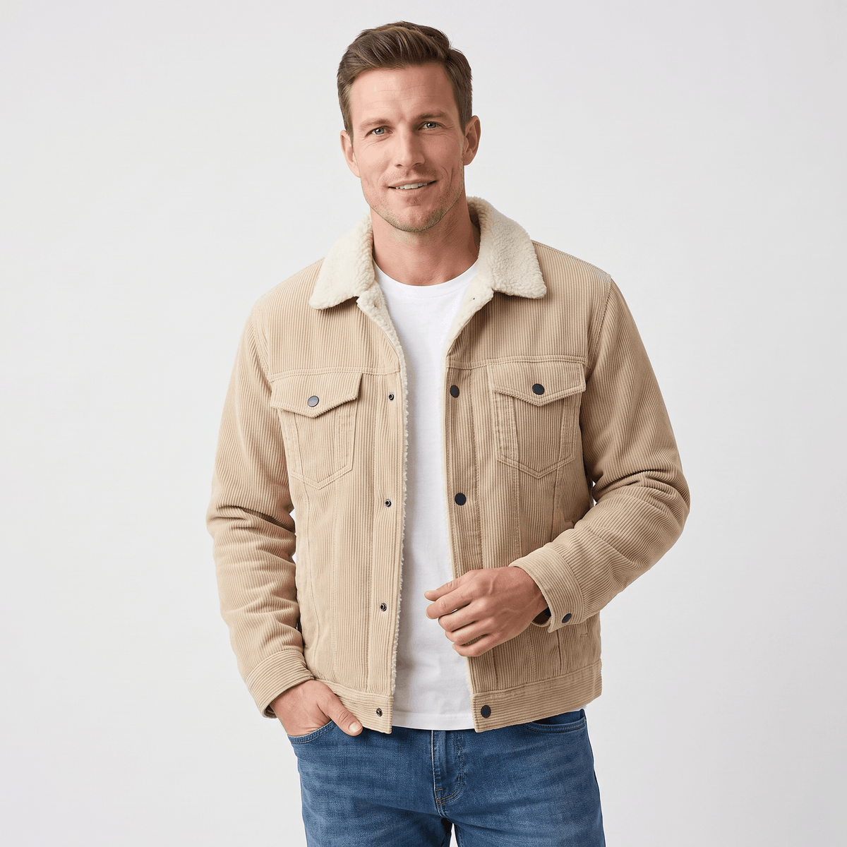 Corduroy Jacket with Sherpa Collar for Men - beige