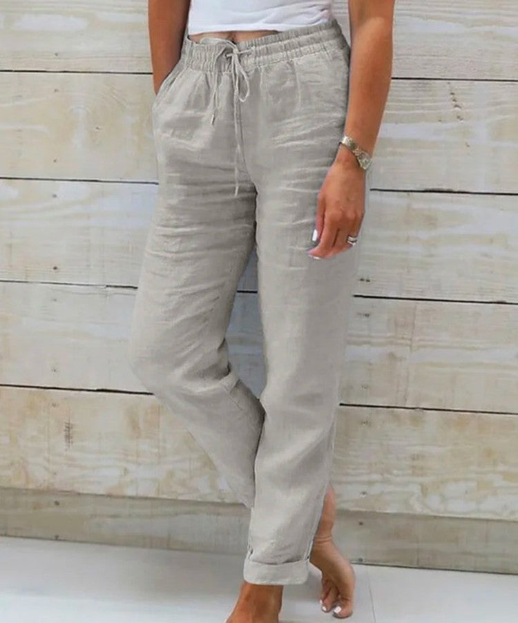 Women's straight-leg linen pants with drawstring waist - light gray
