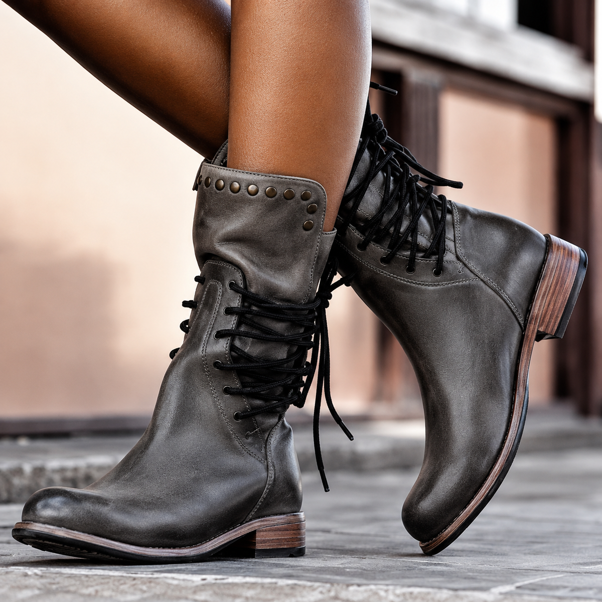 Women's lace-up ankle boots with rivets and block heel