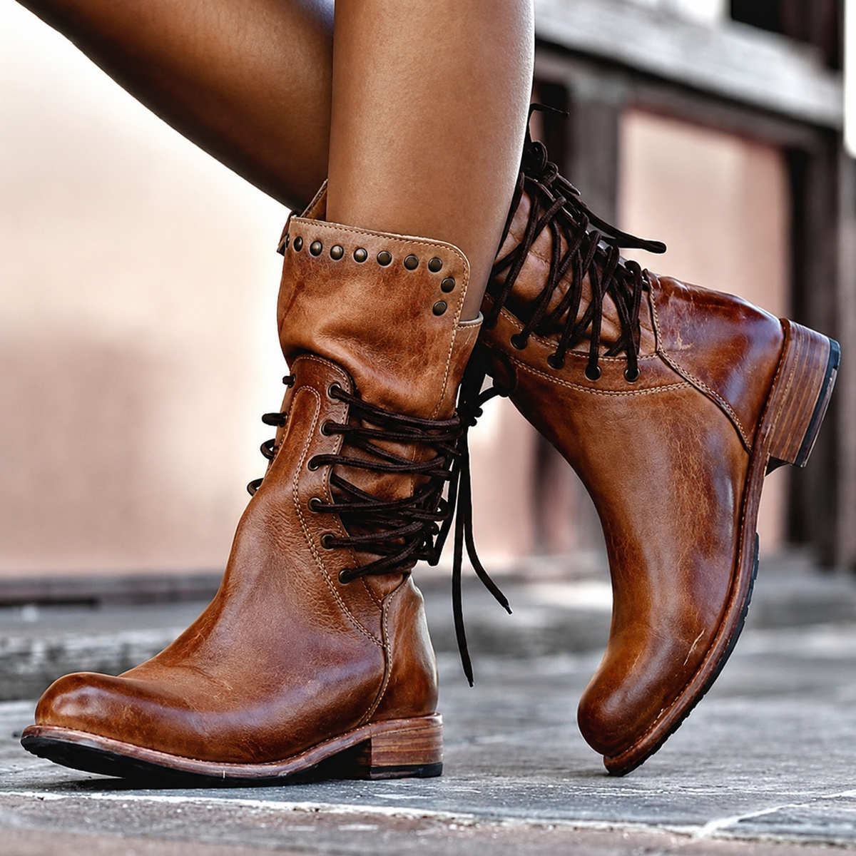 Women's lace-up ankle boots with rivets and block heel