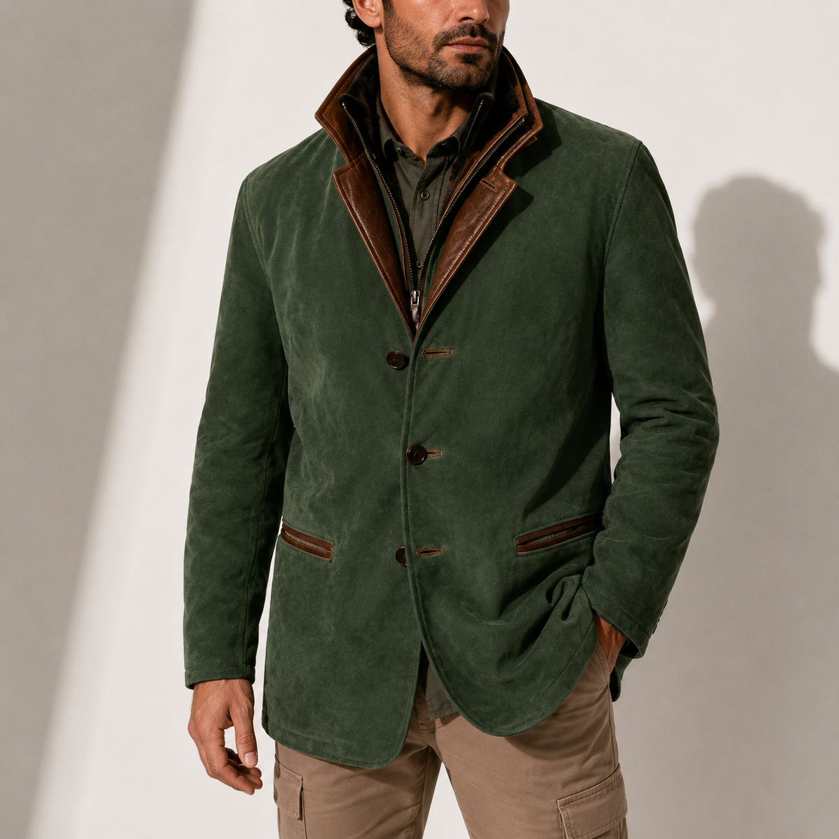 Suede stand-collar winter coat for men - green