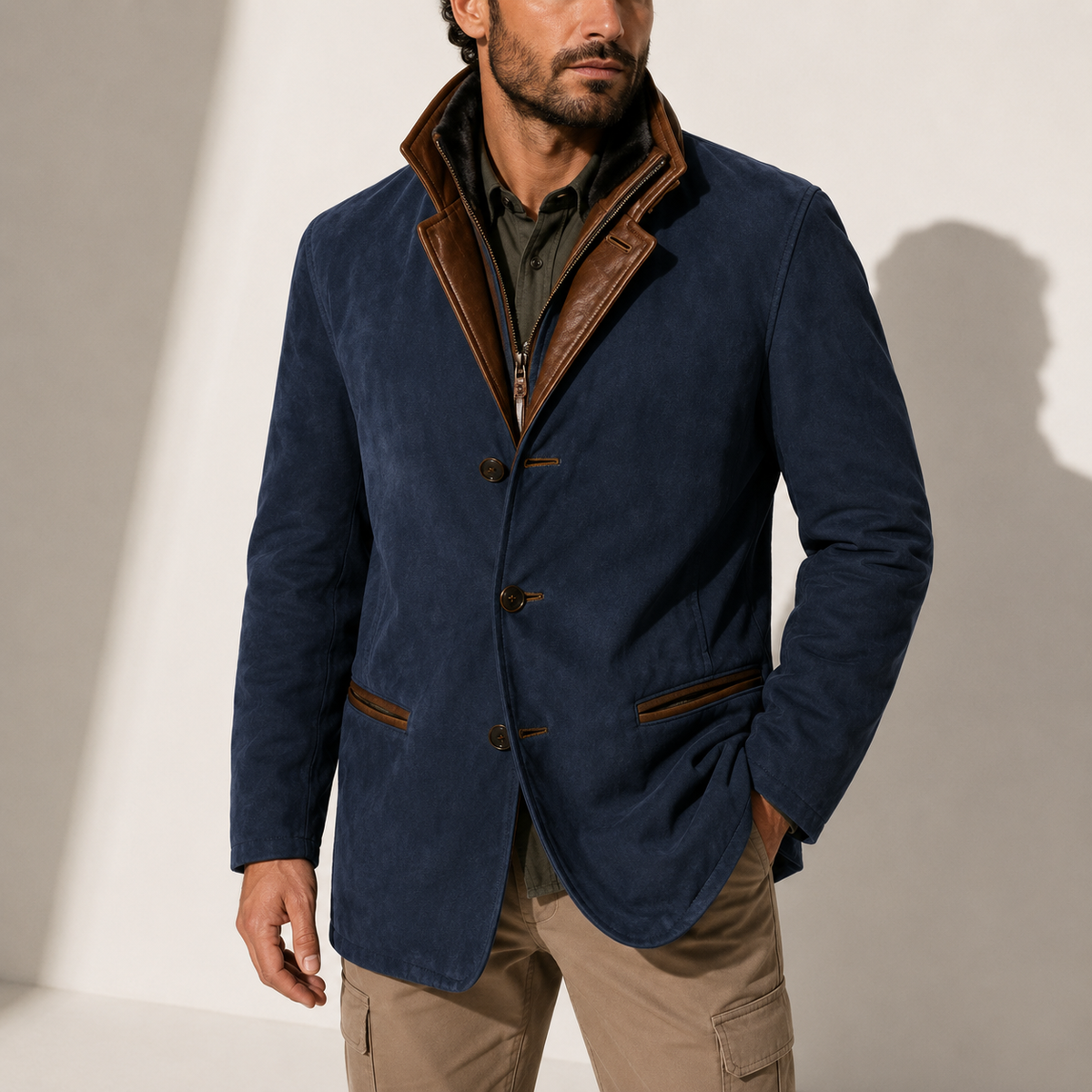 Suede stand-collar winter coat for men - navy