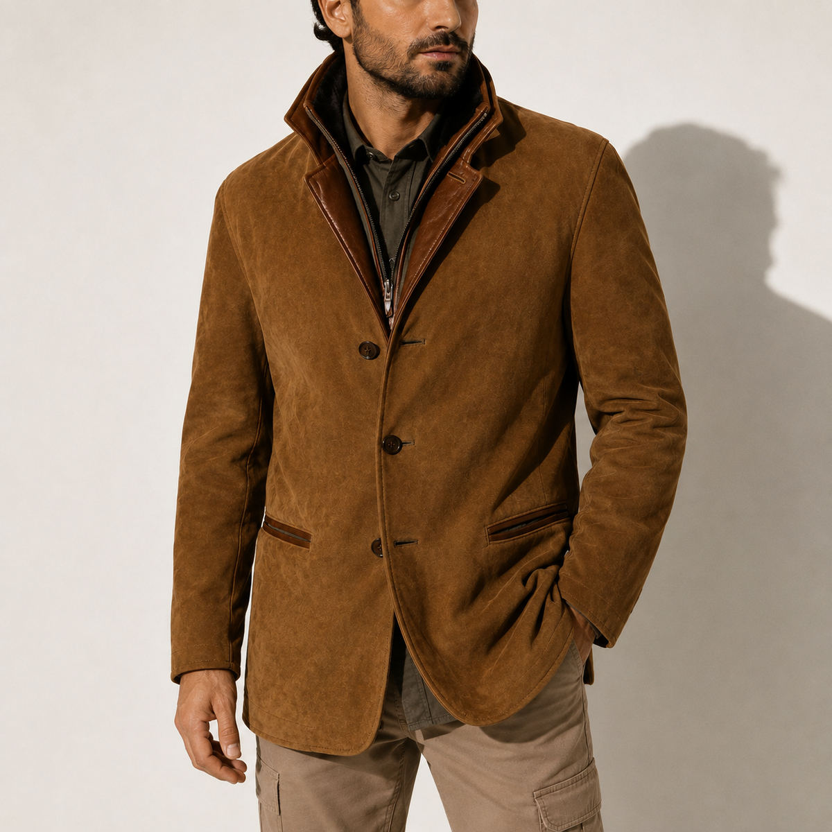 Suede stand-collar winter coat for men - light brown