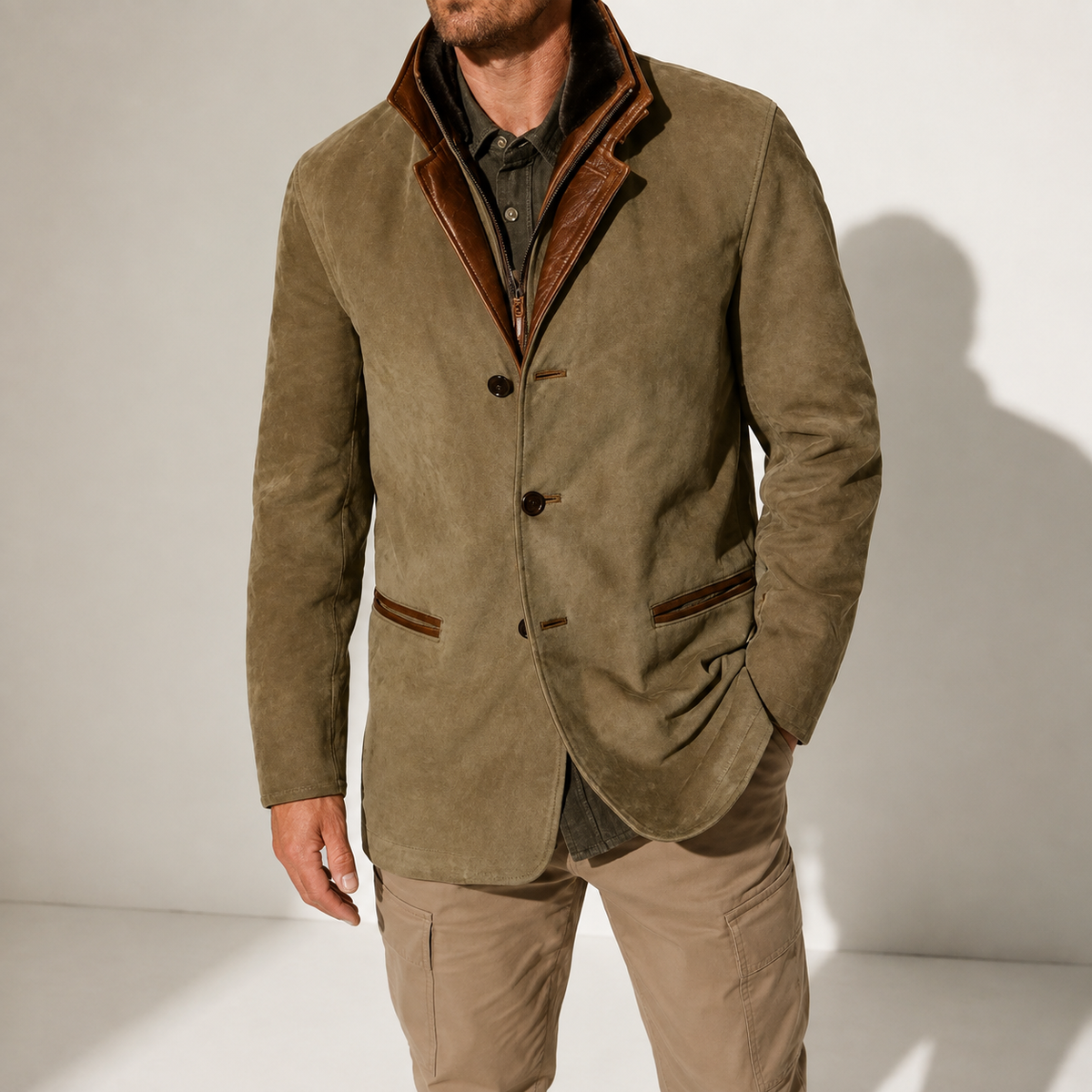 Suede stand-collar winter coat for men - olive green