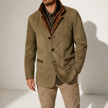Suede stand-collar winter coat for men - olive green