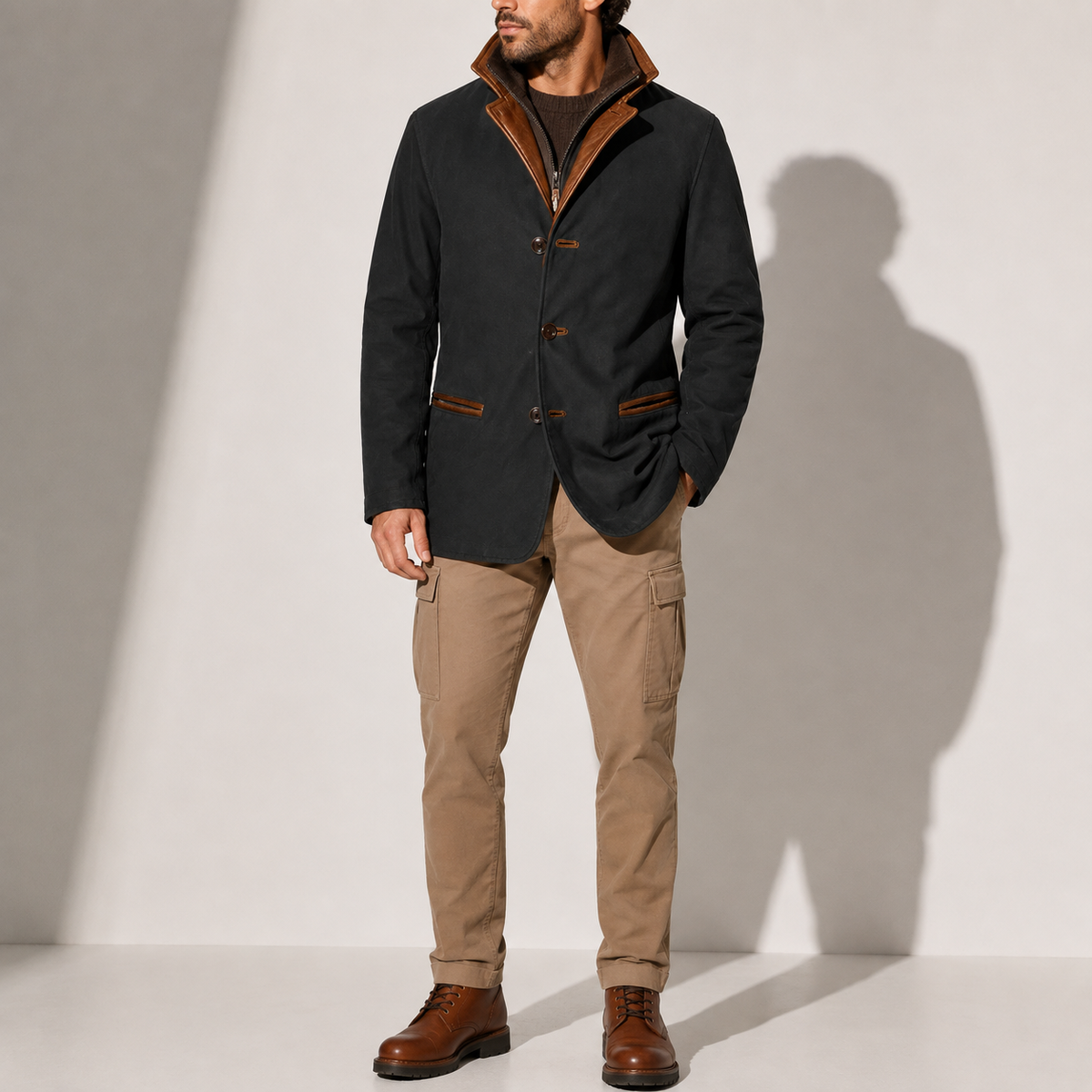 Suede stand-collar winter coat for men - black
