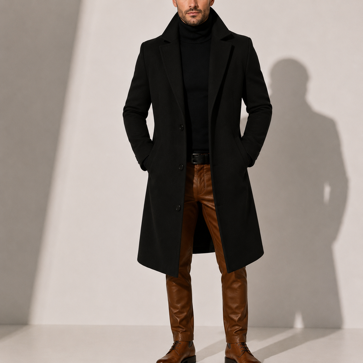 Long overcoat for men in wool blend - black