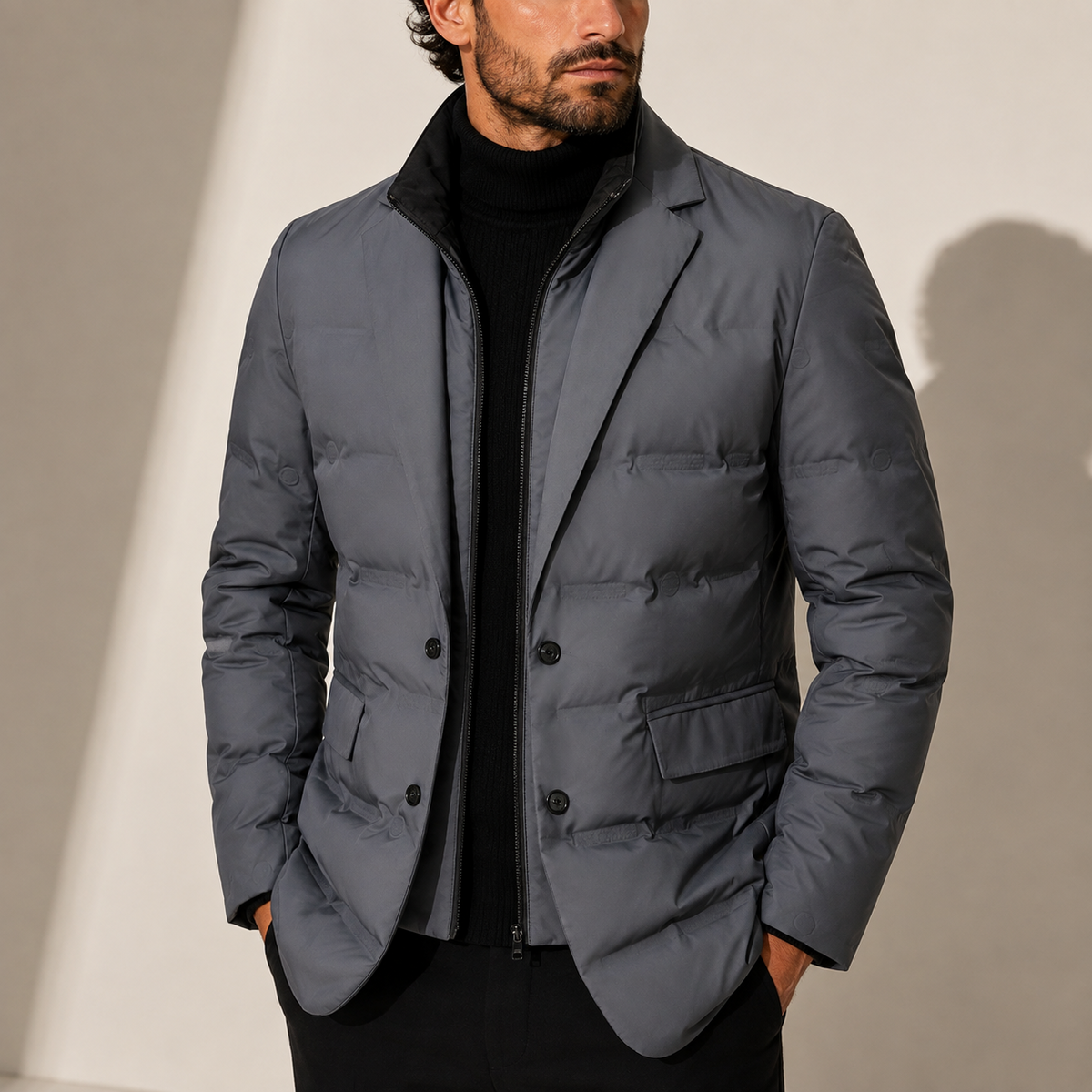 Quilted puffer jacket for men with zip front - light grey