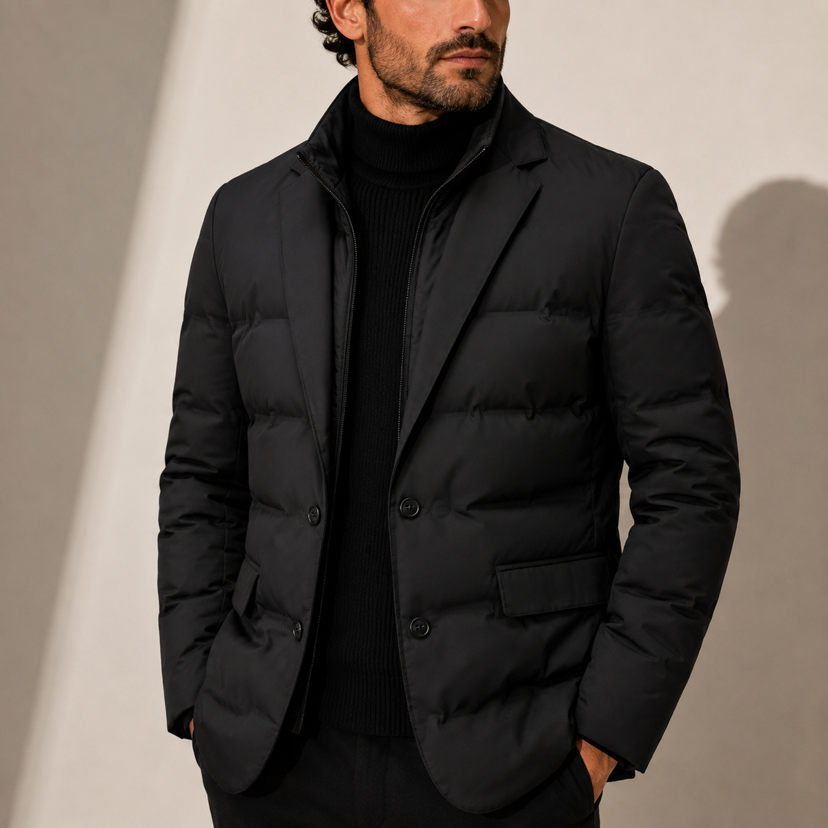 Quilted puffer jacket for men with zip front - black