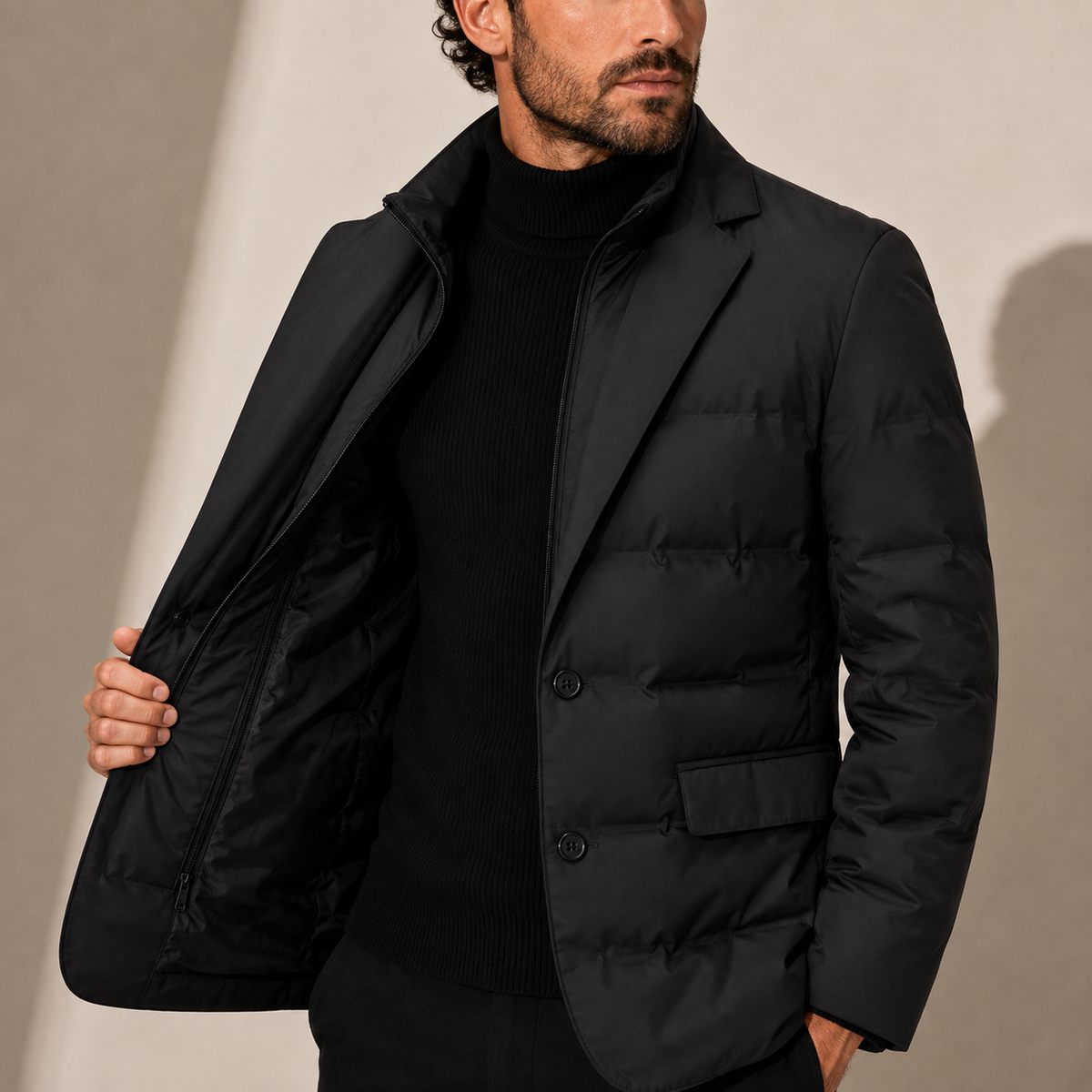 Quilted puffer jacket for men with zip front
