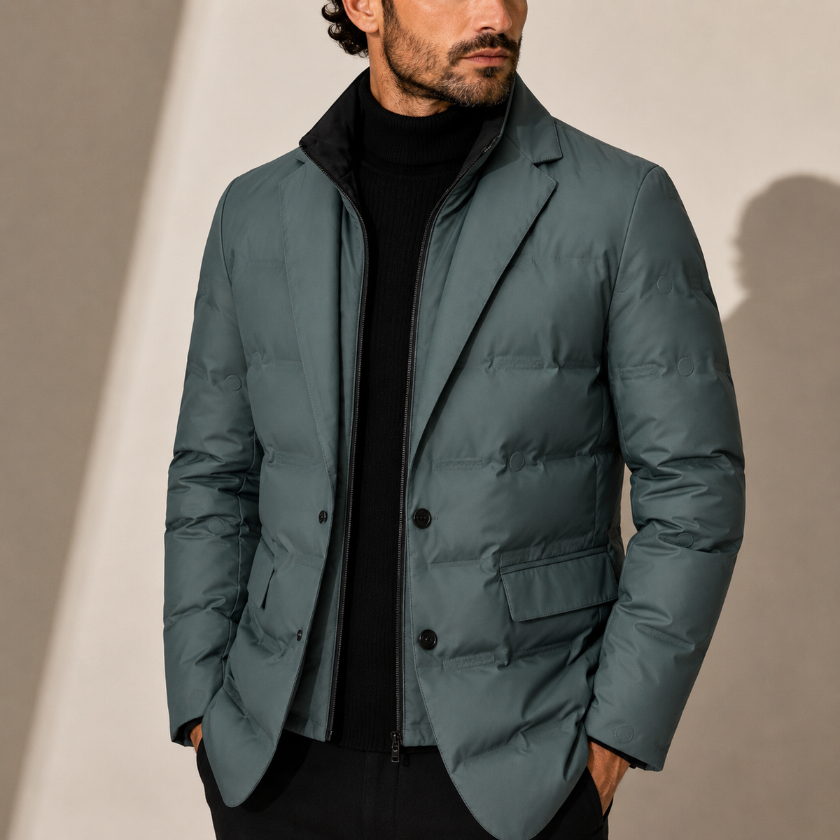 Quilted puffer jacket for men with zip front - olive green