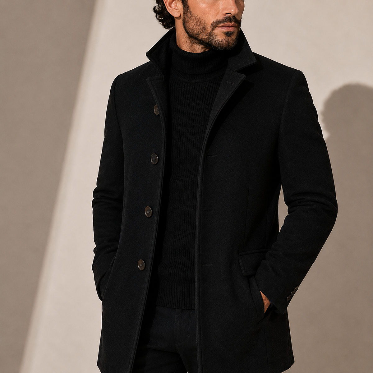 Tailored stand collar coat for men - black