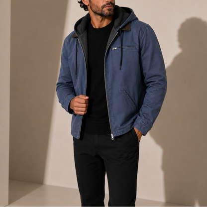 Hooded zip jacket for men with fleece lining - navy
