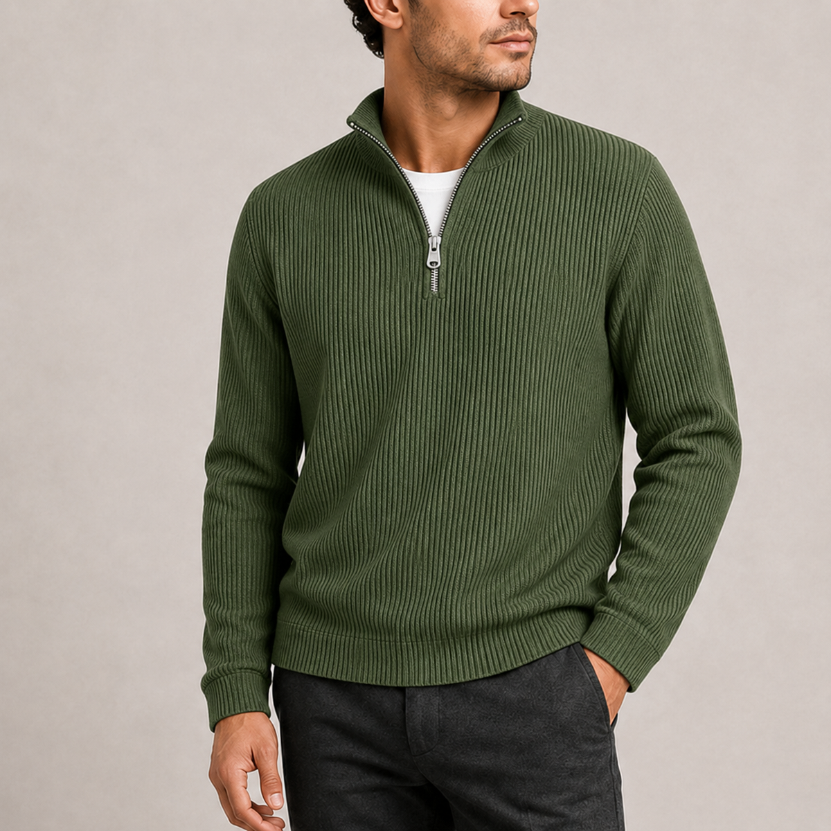 Ribbed quarter-zip sweater for men - olive green