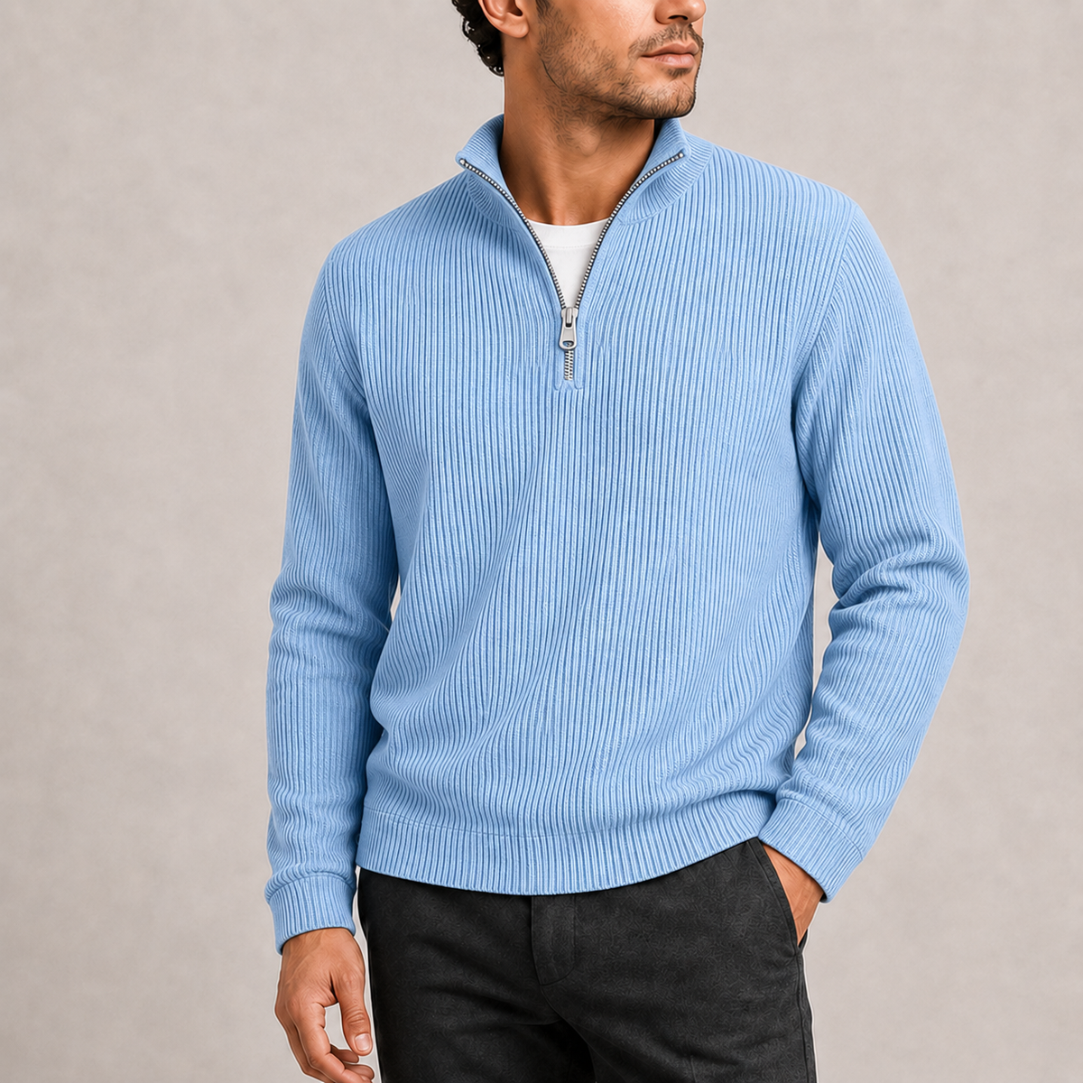 Ribbed quarter-zip sweater for men - baby blue