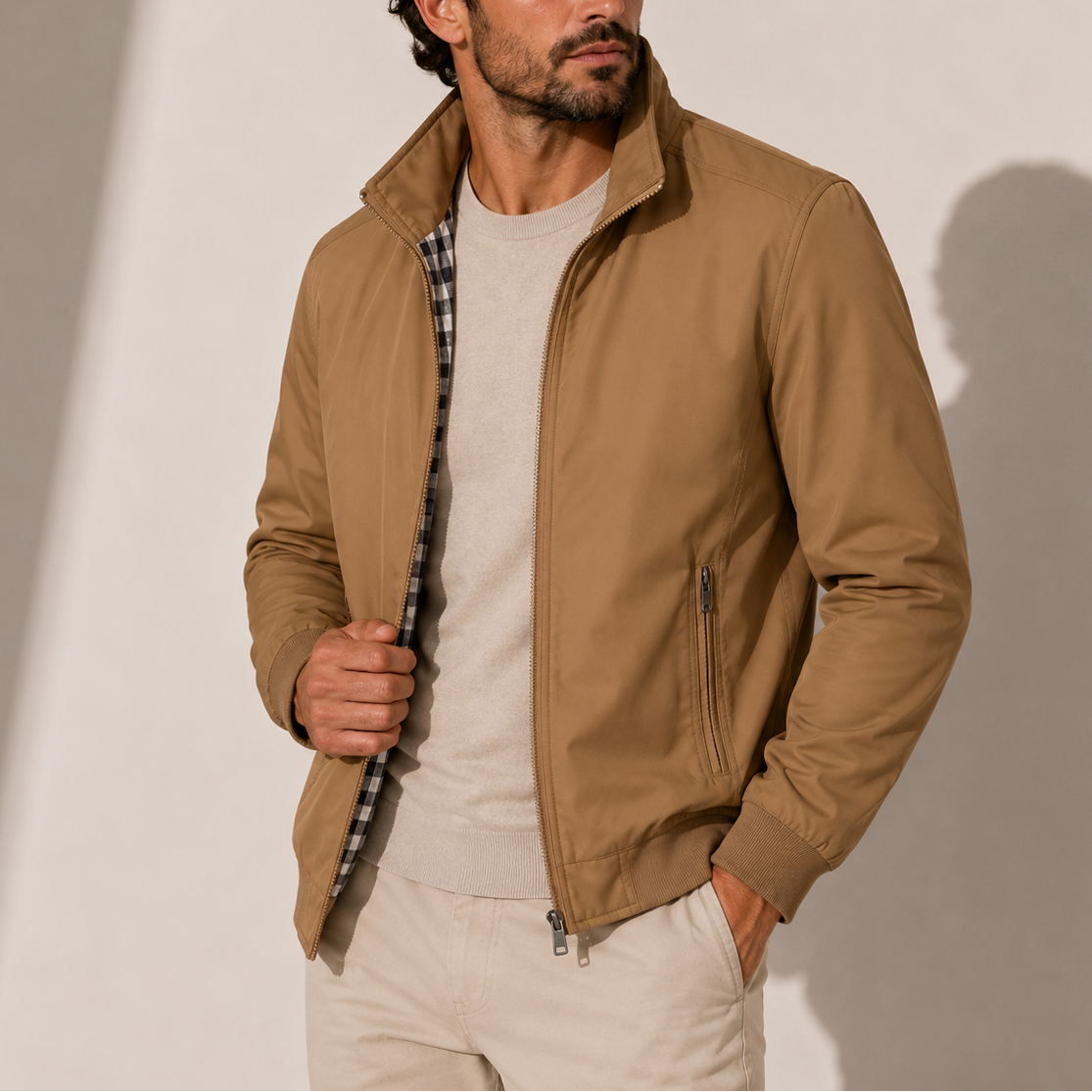 Bomber jacket for men with stand collar - brown