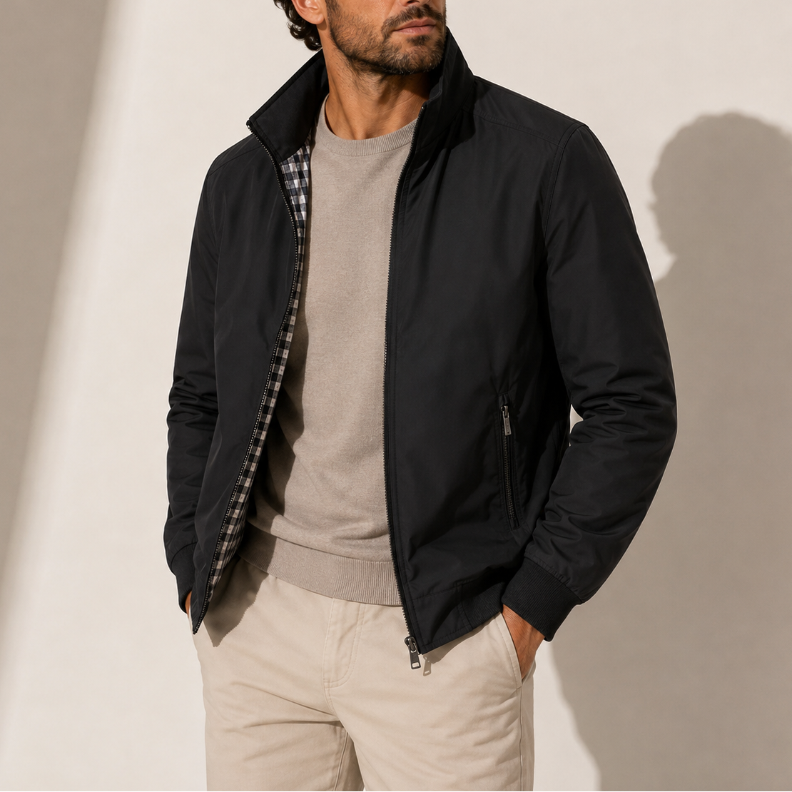 Bomber jacket for men with stand collar - black