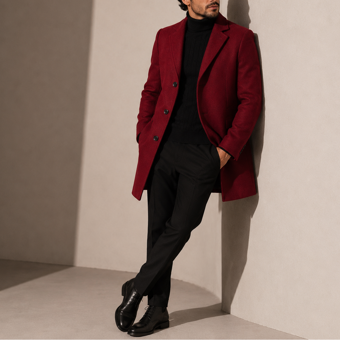 Tailored overcoat for men with button front - burgundy