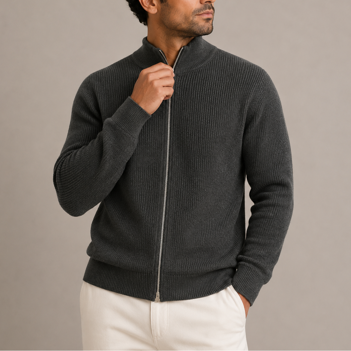 Ribbed full-zip cardigan for men - grey
