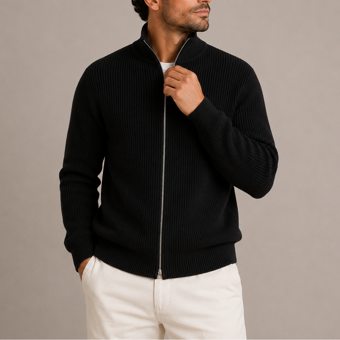 Ribbed full-zip cardigan for men - black