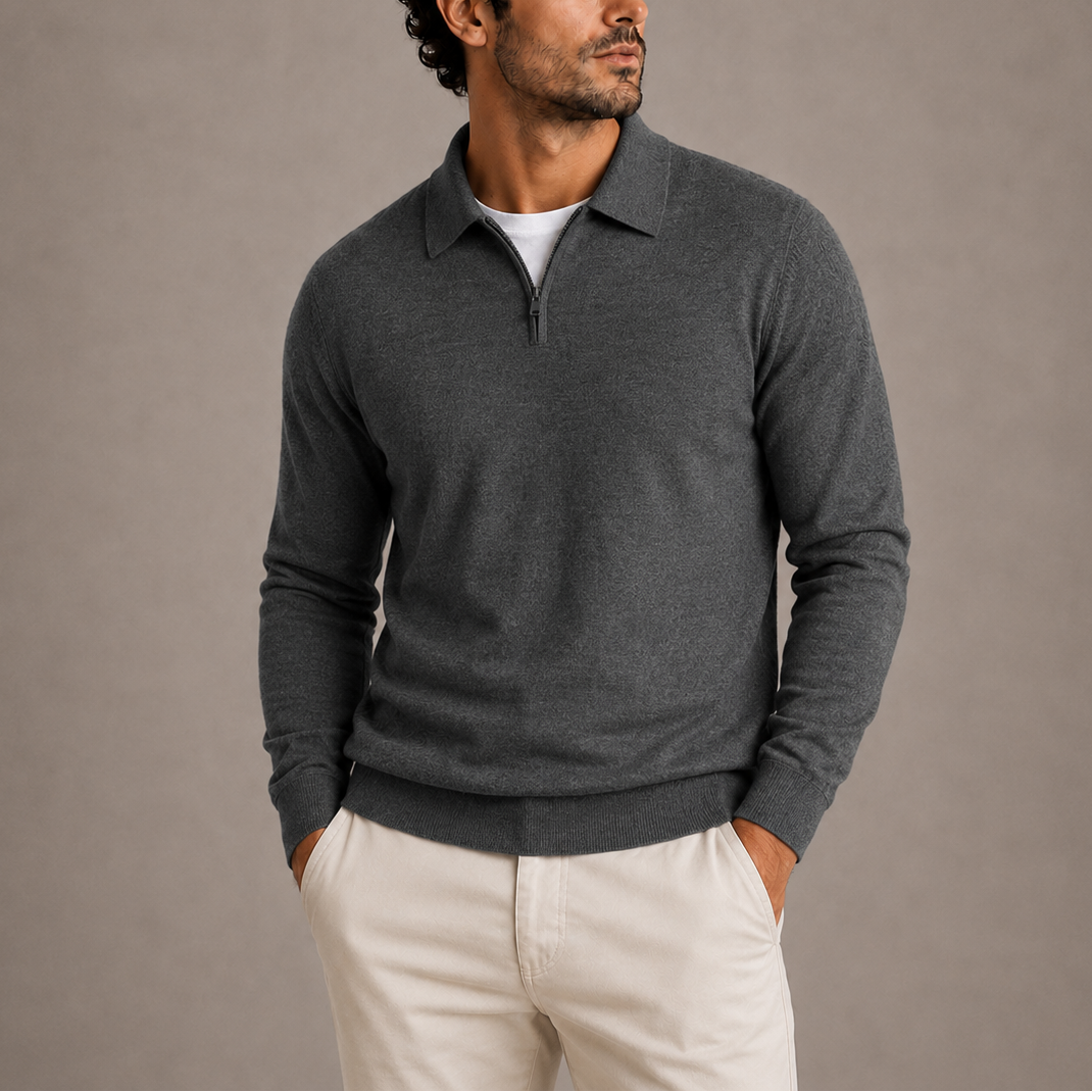 Quarter-zip polo knit sweater for men - grey
