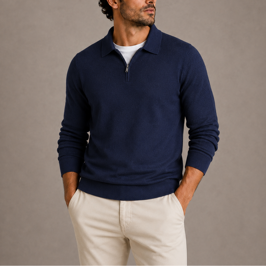 Quarter-zip polo knit sweater for men - navy