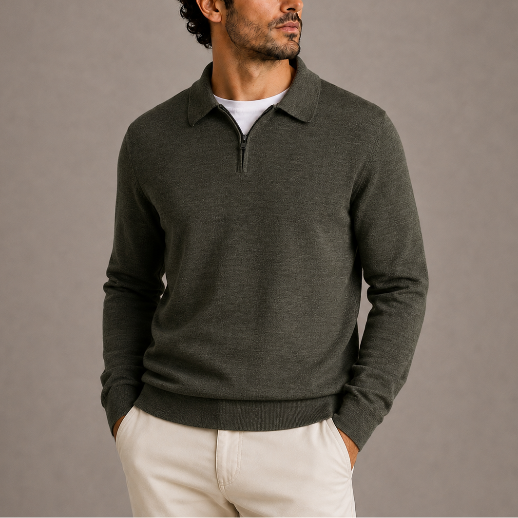 Quarter-zip polo knit sweater for men - olive green