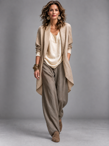 Woman wearing taupe three-piece wide leg pant suit set