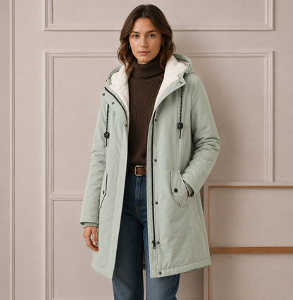 Woman wearing long quilted winter coat with hood