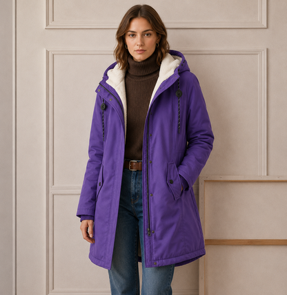 Woman wearing long quilted winter coat with hood
