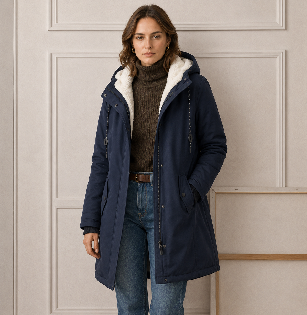 Woman wearing long quilted winter coat with hood