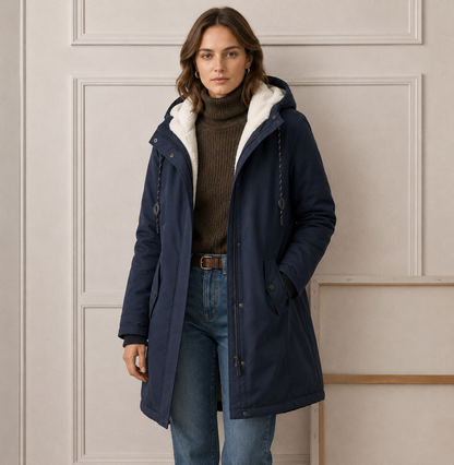 Woman wearing long quilted winter coat with hood
