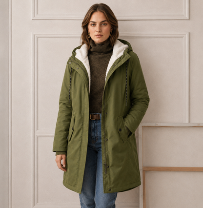 Woman wearing long quilted winter coat with hood