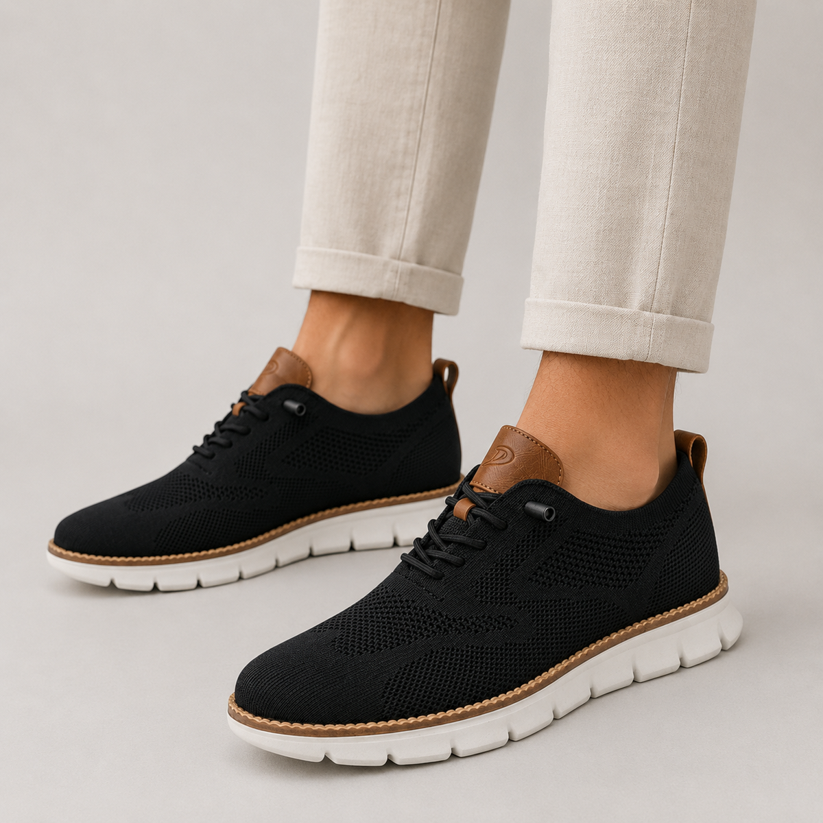 Men's knit walking sneakers with lace-up front - black