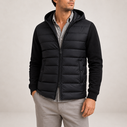 Hooded puffer jacket for men with quilted panels - black